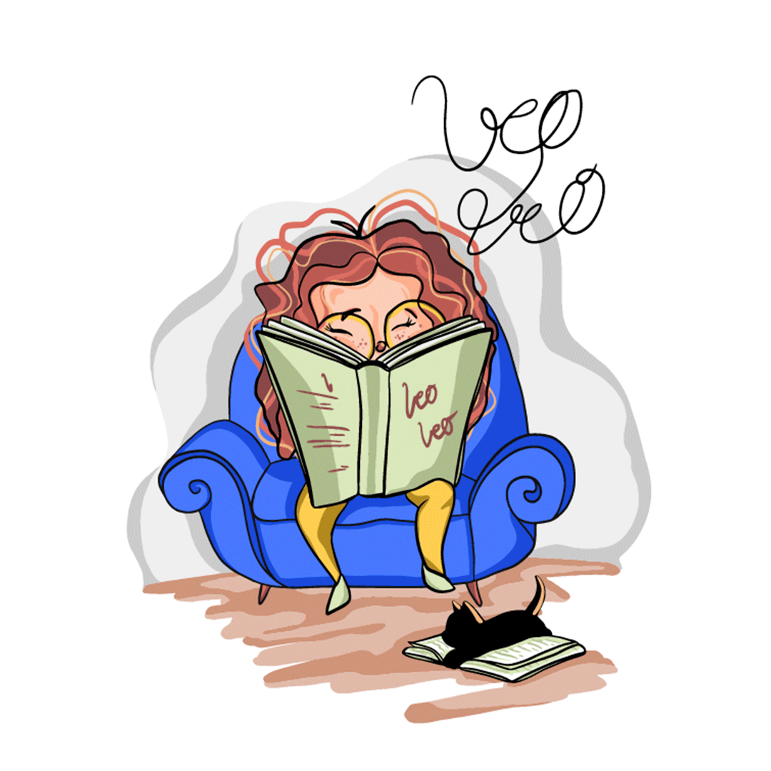 Ilustración de una niña sentada en un sillón de color azul cerúleo leyendo un libro con un gato encima de un libro a sus piés en la librería veo veo.
